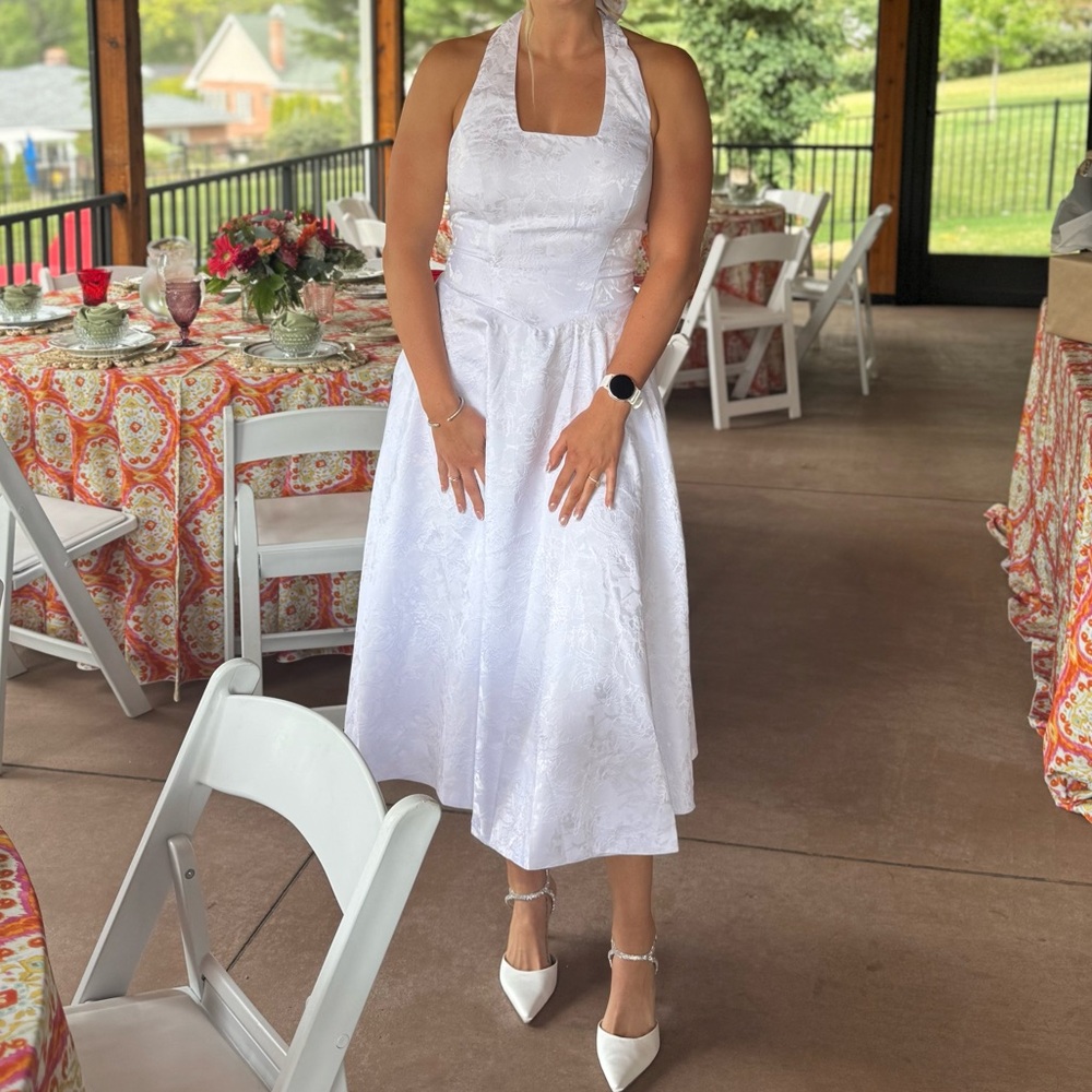 Floral Jacquard Midi White Halter Dress